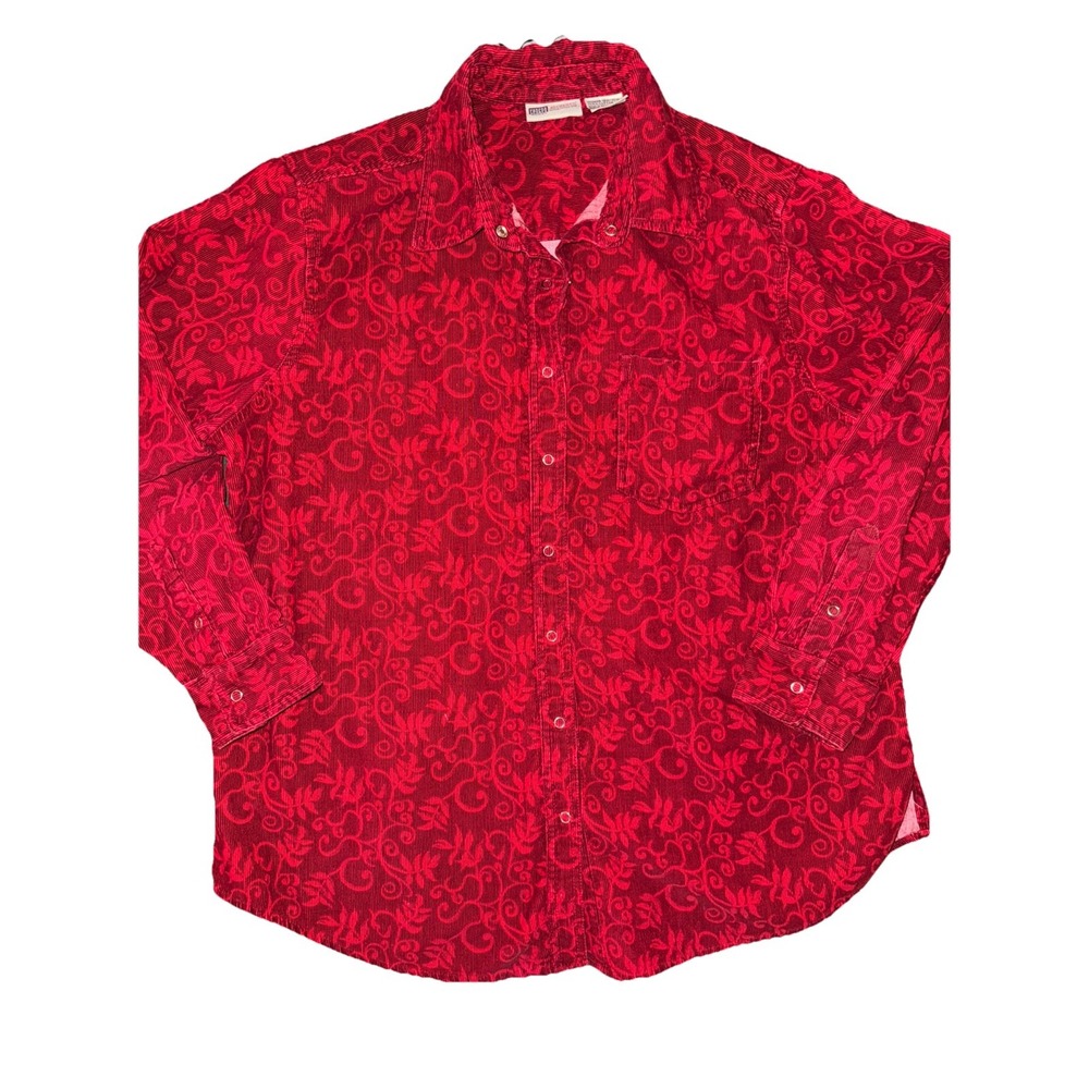 Faded Glory Women's Button Up 18/20 XL Red‎ Corduroy Vine Print Snap Button